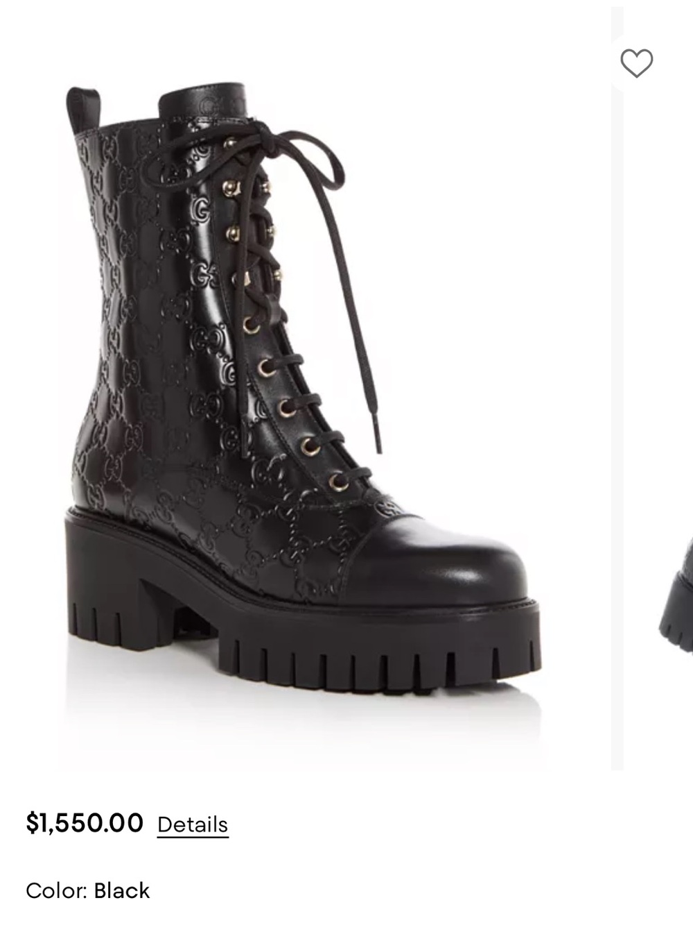 Gucci Black Embossed Lace-Up Lug Sole Combat Boot